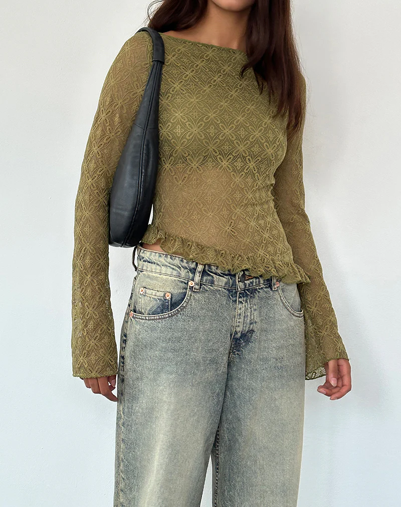 Allegra Long Sleeve Top in Textured Moss Green Lace - Image 4