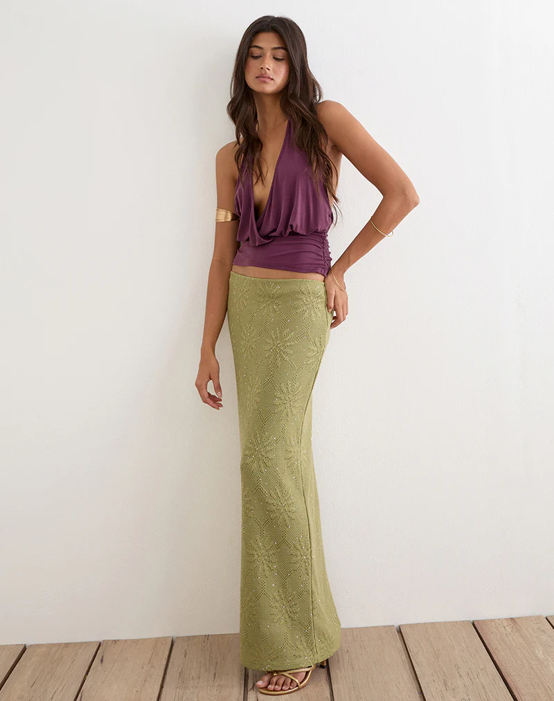 Aloria Maxi Skirt in Sequin Knit Green