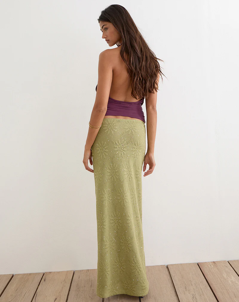 Aloria Maxi Skirt in Sequin Knit Green - Image 4