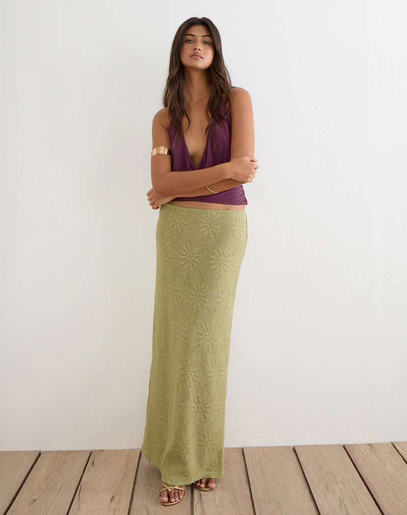 Aloria Maxi Skirt in Sequin Knit Green - Image 5