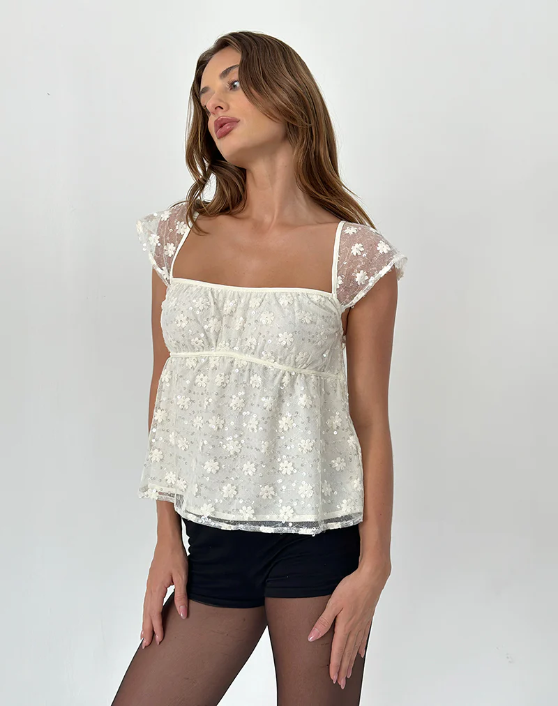 Aloysia Top in Sequin Lace Ivory - Image 3