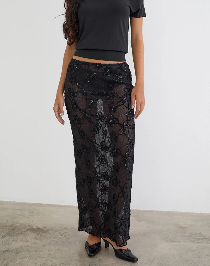 Alphia Maxi Skirt in Sequin Knit Black - Image 2