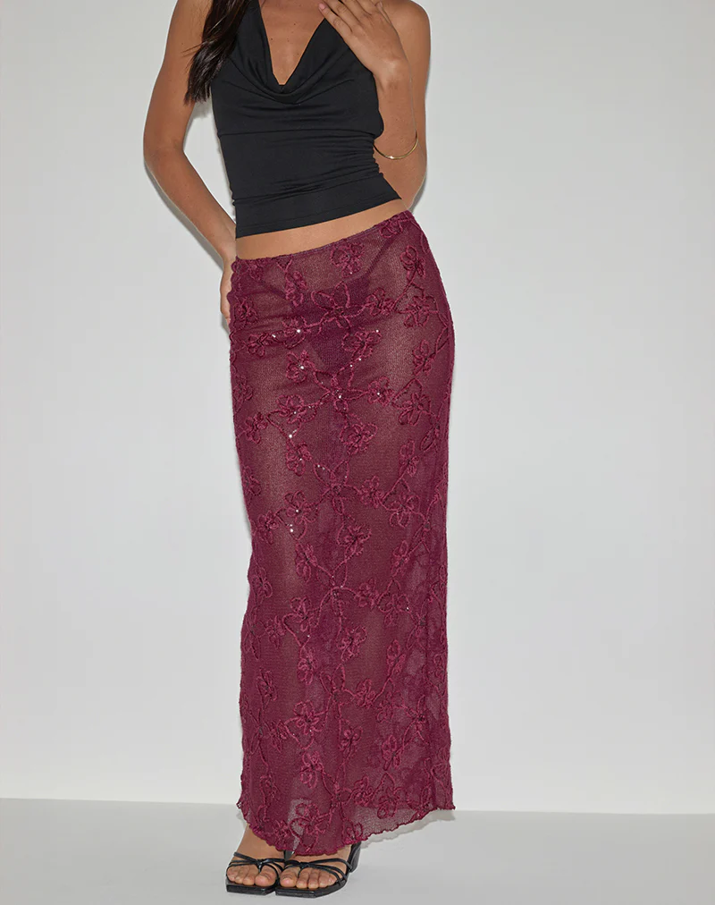 Alphia Maxi Skirt in Sequin Knit Burgundy - Image 2