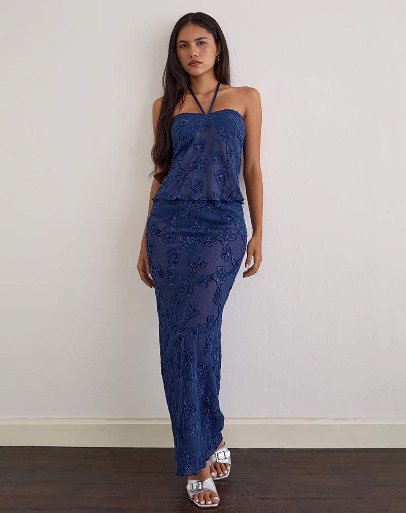 Alphia Maxi Skirt in Sequin Knit Navy - Image 3