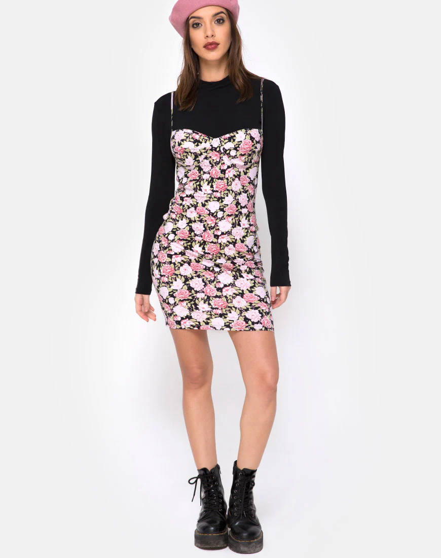 Alvina Bodycon Dress in Bloom Floral Black Base - Image 3