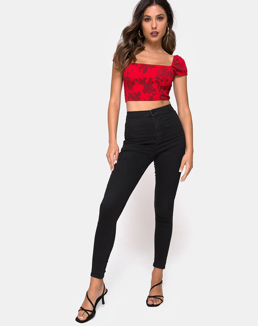Alya Crop Top in Tonal Floral Red - Image 3