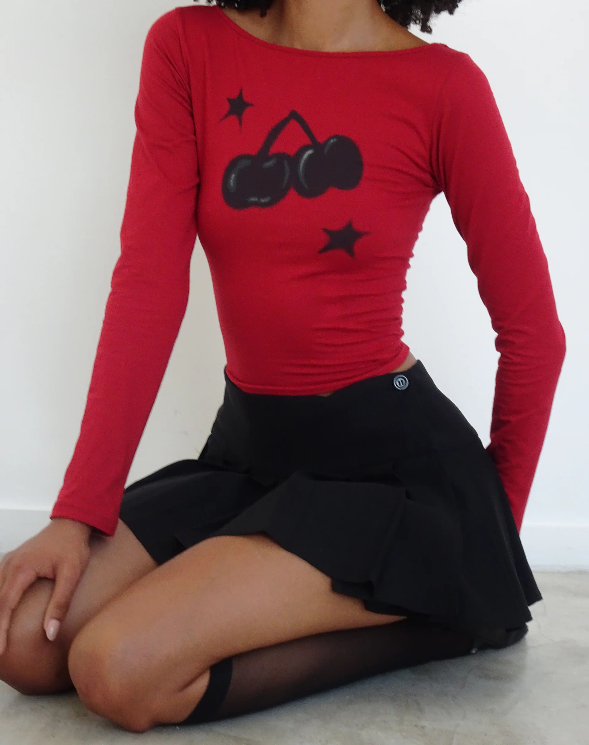 Amabon Long Sleeve Top in Adrenalin Red with Cherry Print - Image 2