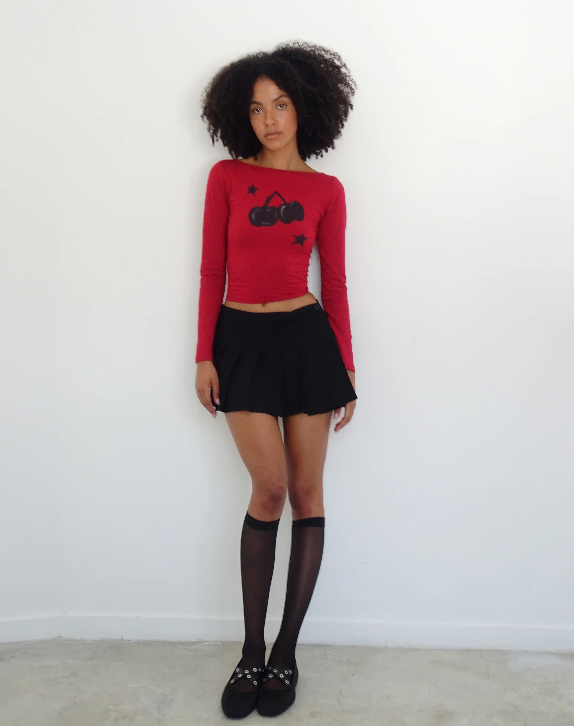 Amabon Long Sleeve Top in Adrenalin Red with Cherry Print - Image 5