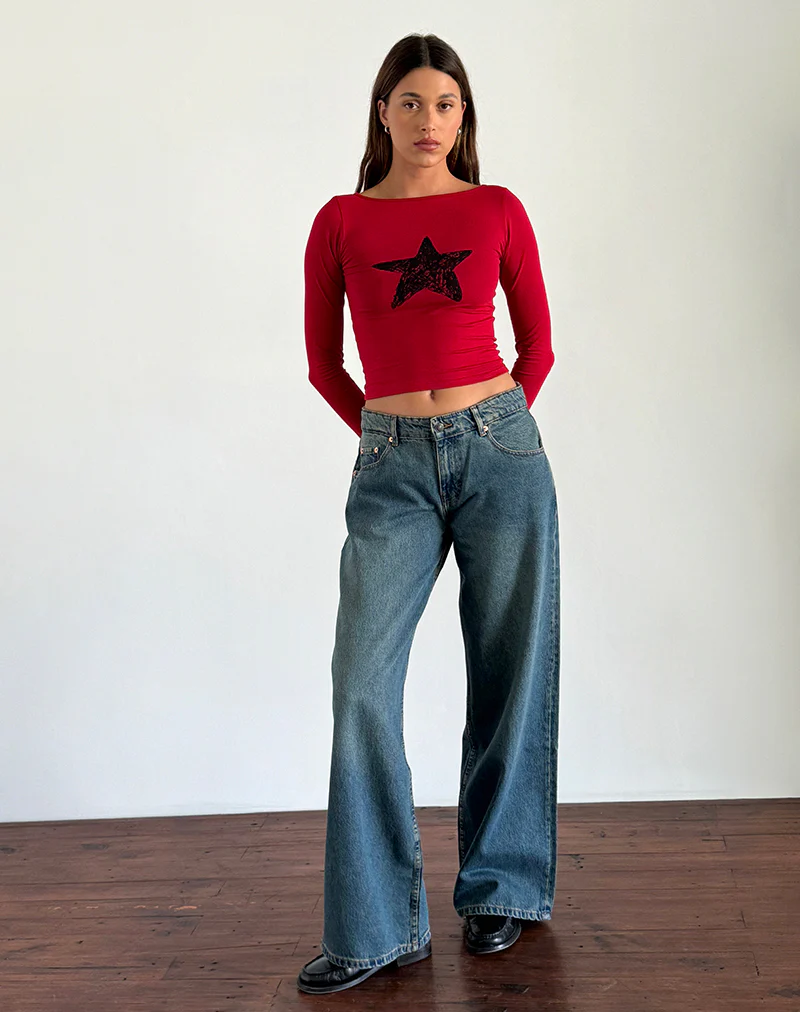 Amabon Long Sleeve Top in Adrenaline Red with Black Star - Image 5