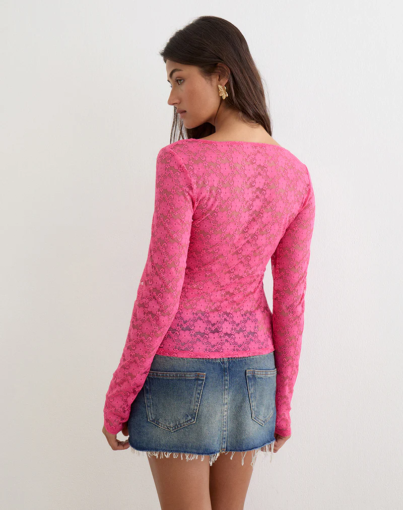 Amabon Long Sleeve Top in Lace Hot Pink - Image 3