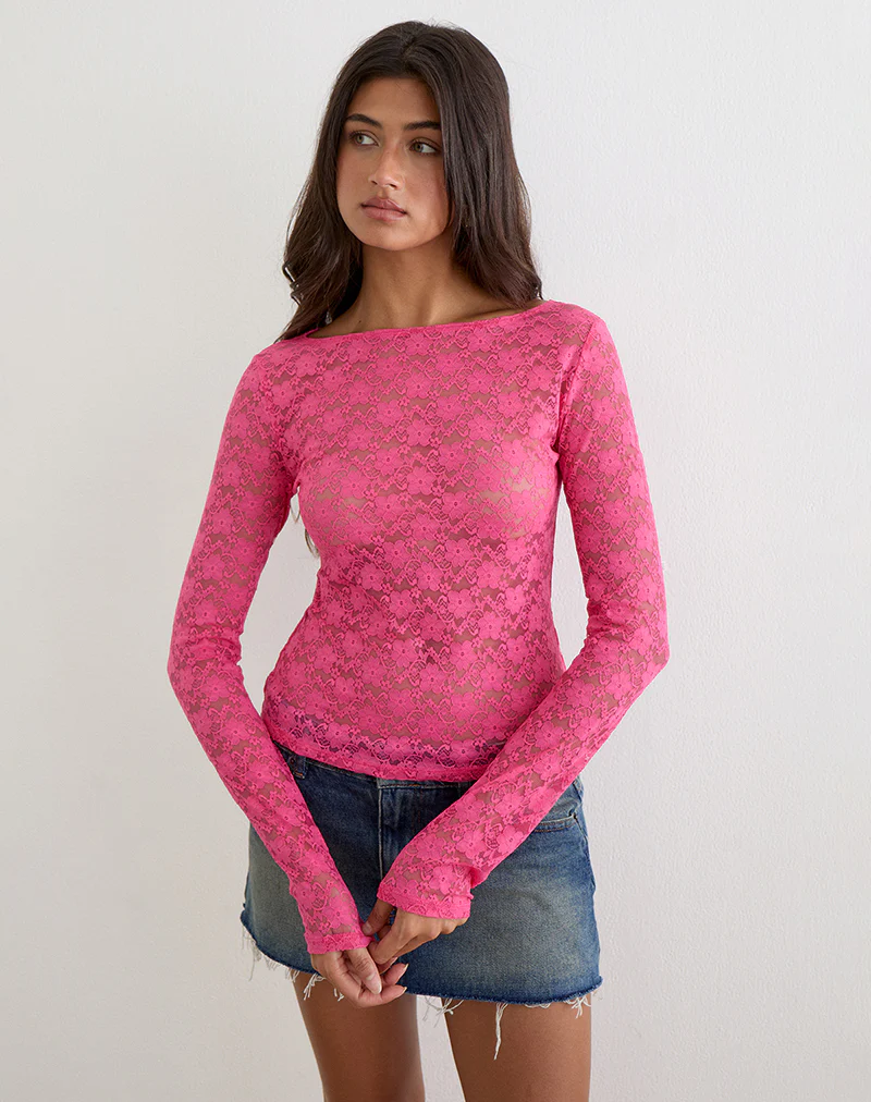 Amabon Long Sleeve Top in Lace Hot Pink - Image 4