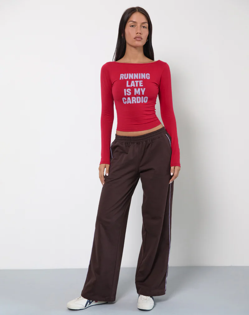 Amabon Long Sleeve Top in Adrenaline Red with Running Late Slogan - Image 4