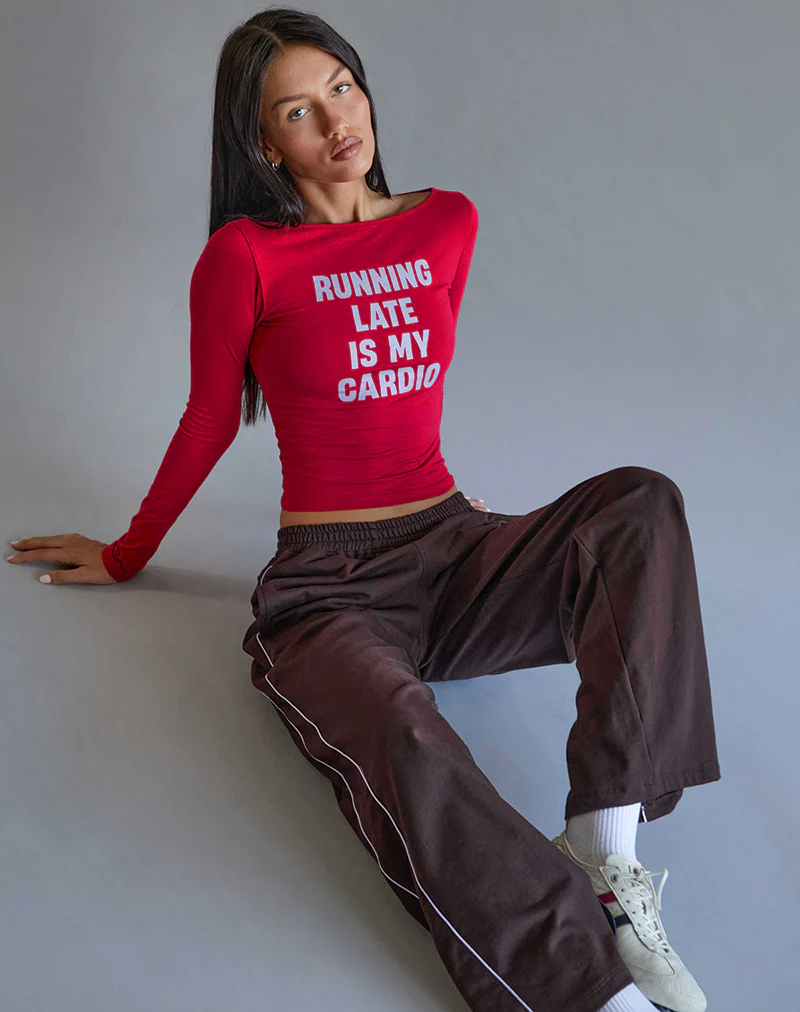 Amabon Long Sleeve Top in Adrenaline Red with Running Late Slogan - Image 5