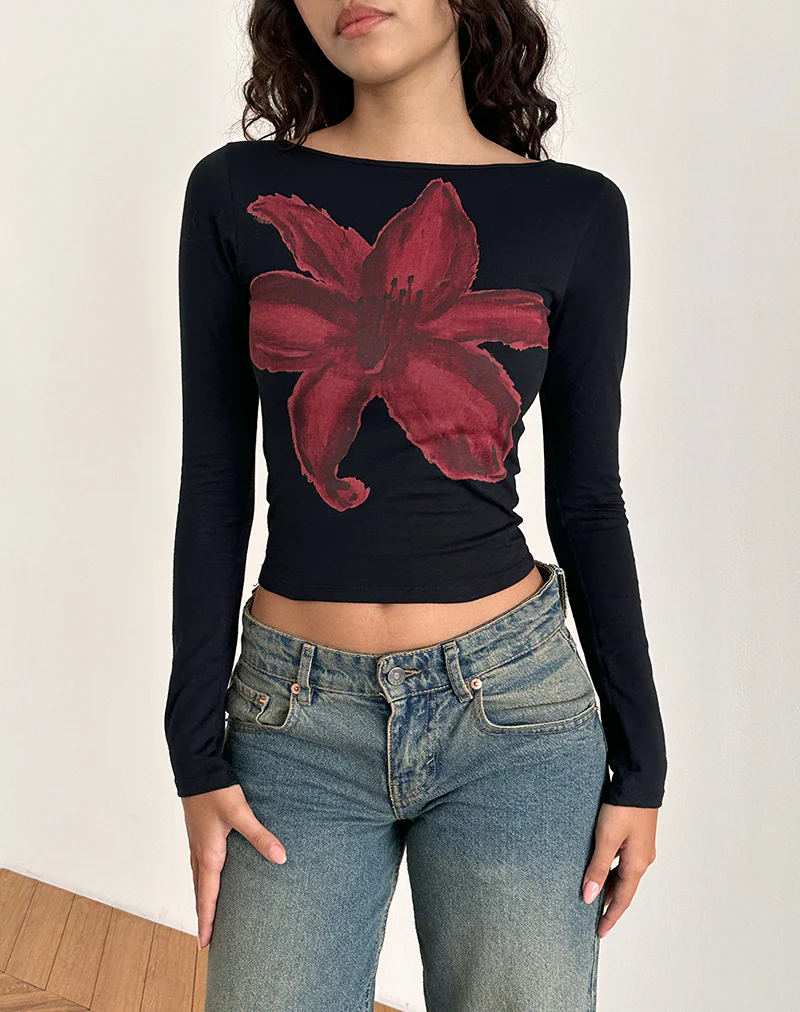Amabon Long Sleeve Top in Black with Burgundy Painted Flower - Image 2