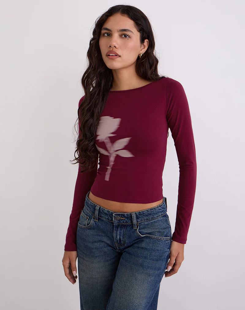 Amabon Long Sleeve Top in Burgundy Blurred Rose - Image 2