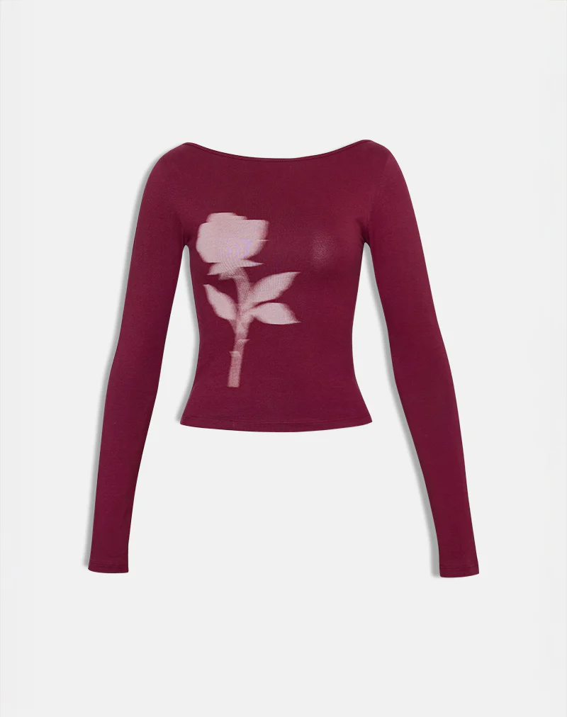 Amabon Long Sleeve Top in Burgundy Blurred Rose - Image 5