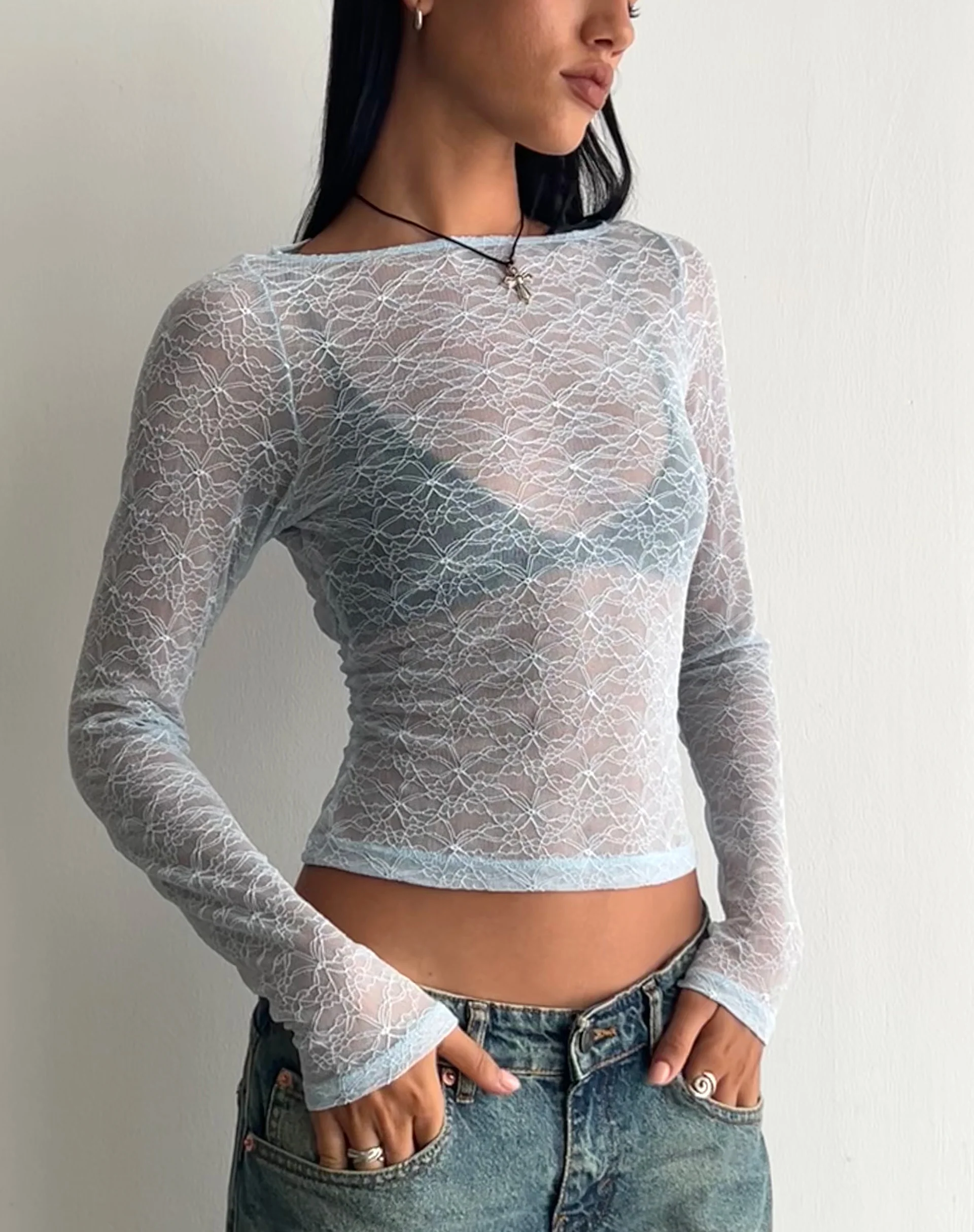 Amabon Long Sleeve Top in Lace Baby Blue - Image 3
