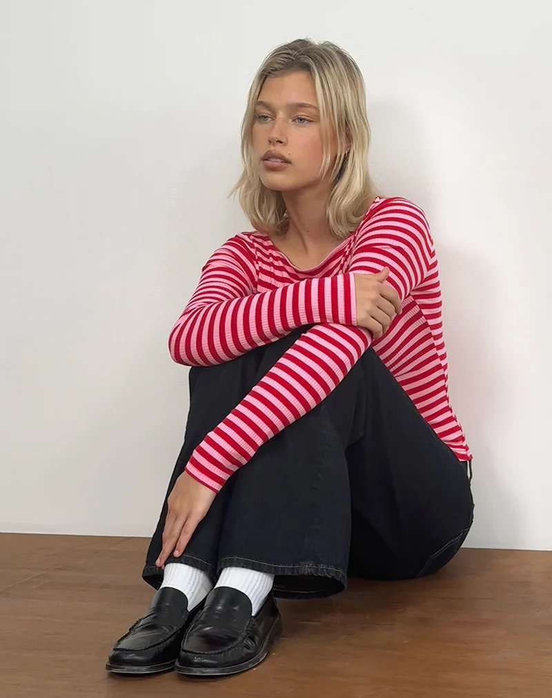 Amabon Top in Pink and Red Stripe - Image 2