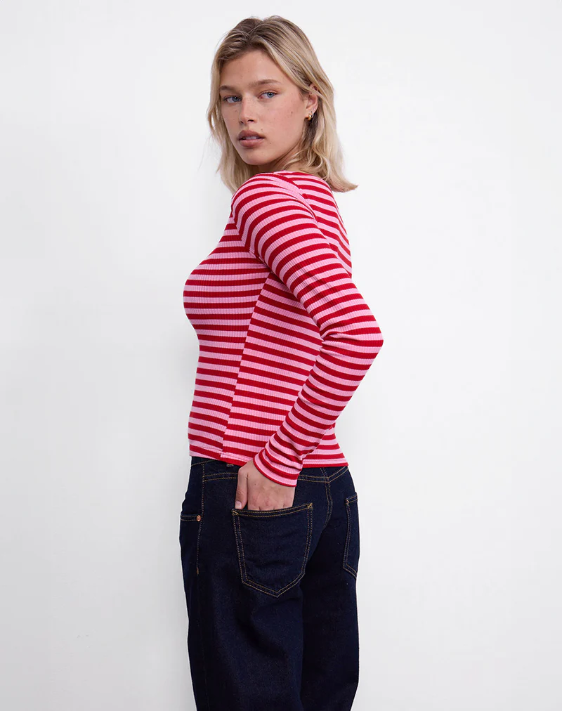 Amabon Top in Pink and Red Stripe - Image 3