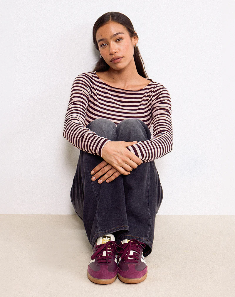 Amabon Long Sleeve Top in Tonal Brown Stripe - Image 4