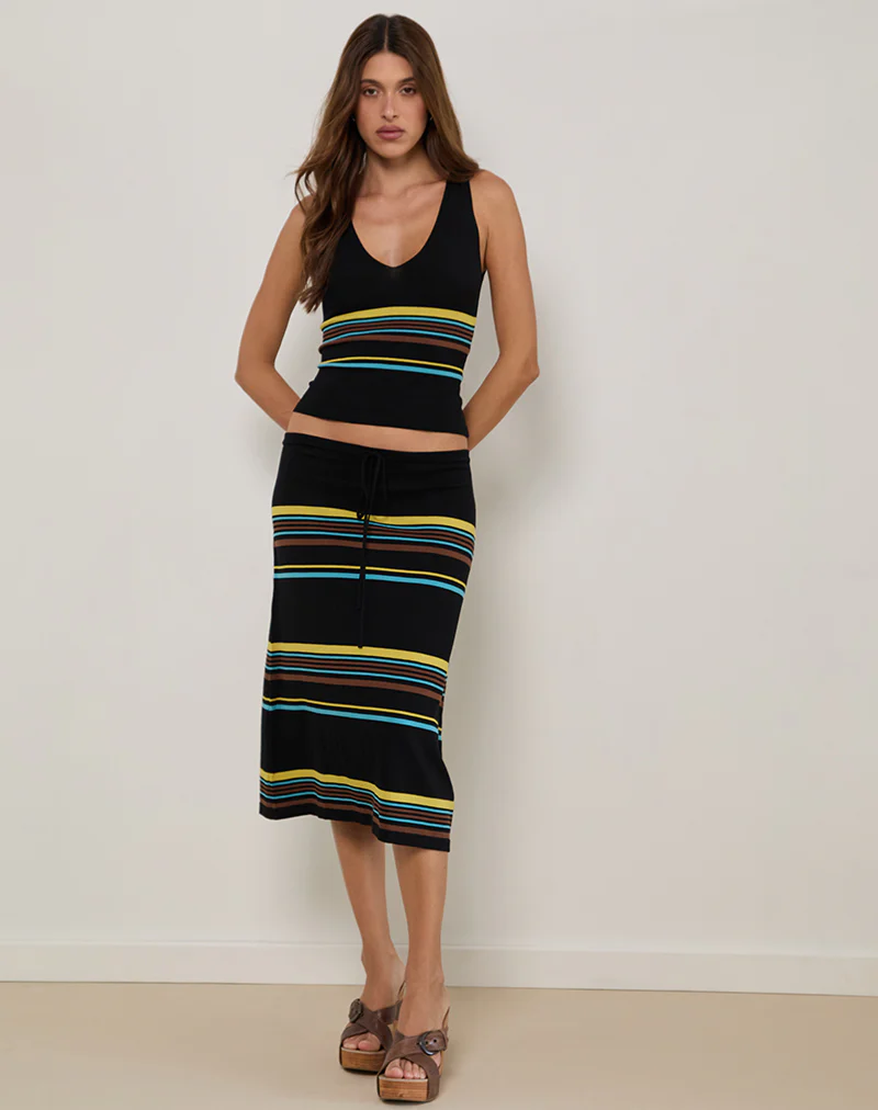 Amalia Midi Skirt in Black with Brown and Blue Stripes - Image 2
