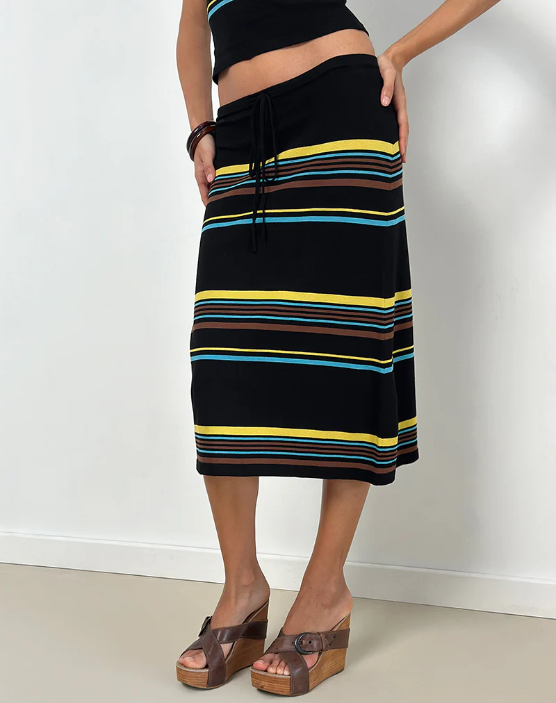 Amalia Midi Skirt in Black with Brown and Blue Stripes - Image 4