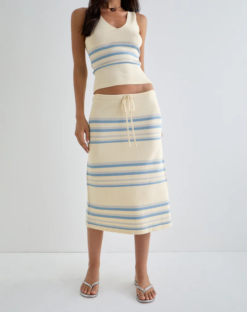 Amalia Midi Skirt in Cream with Blue and Grey Stripes - Image 2