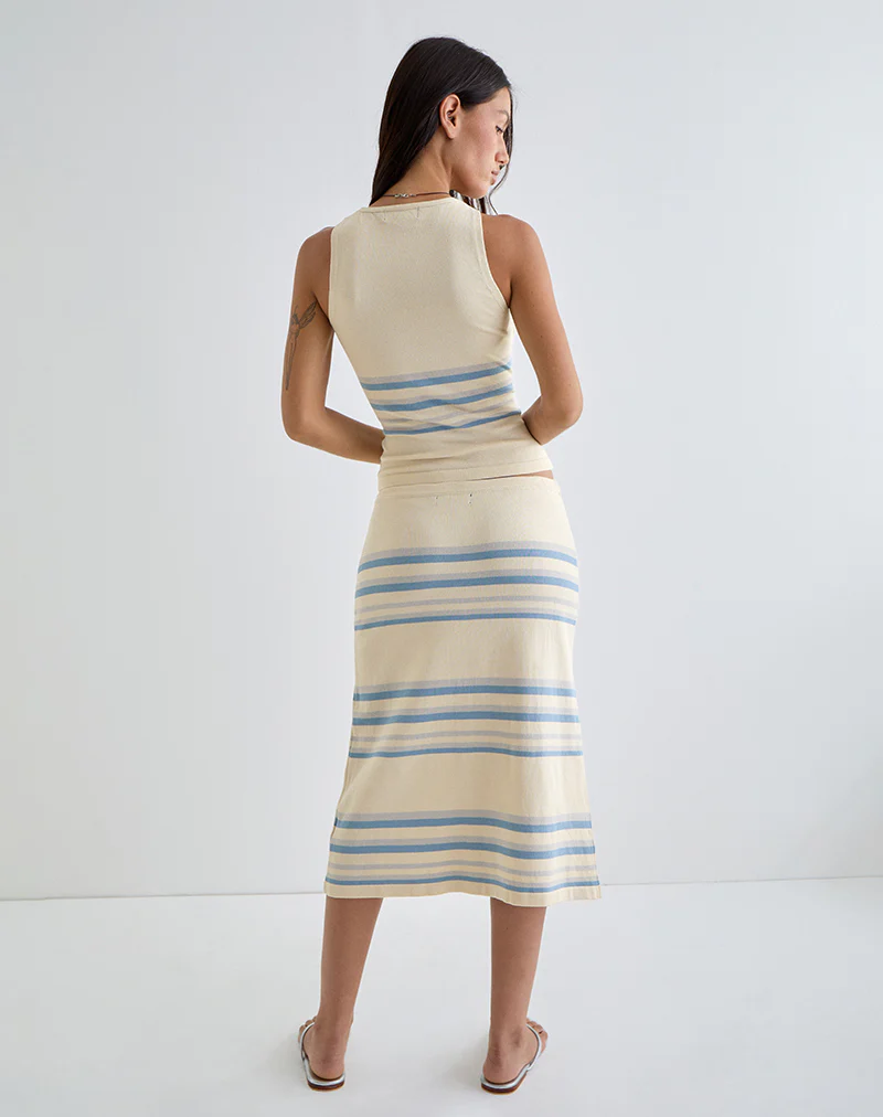 Amalia Midi Skirt in Cream with Blue and Grey Stripes - Image 3
