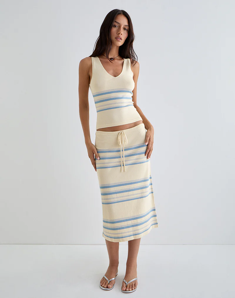 Amalia Midi Skirt in Cream with Blue and Grey Stripes - Image 4