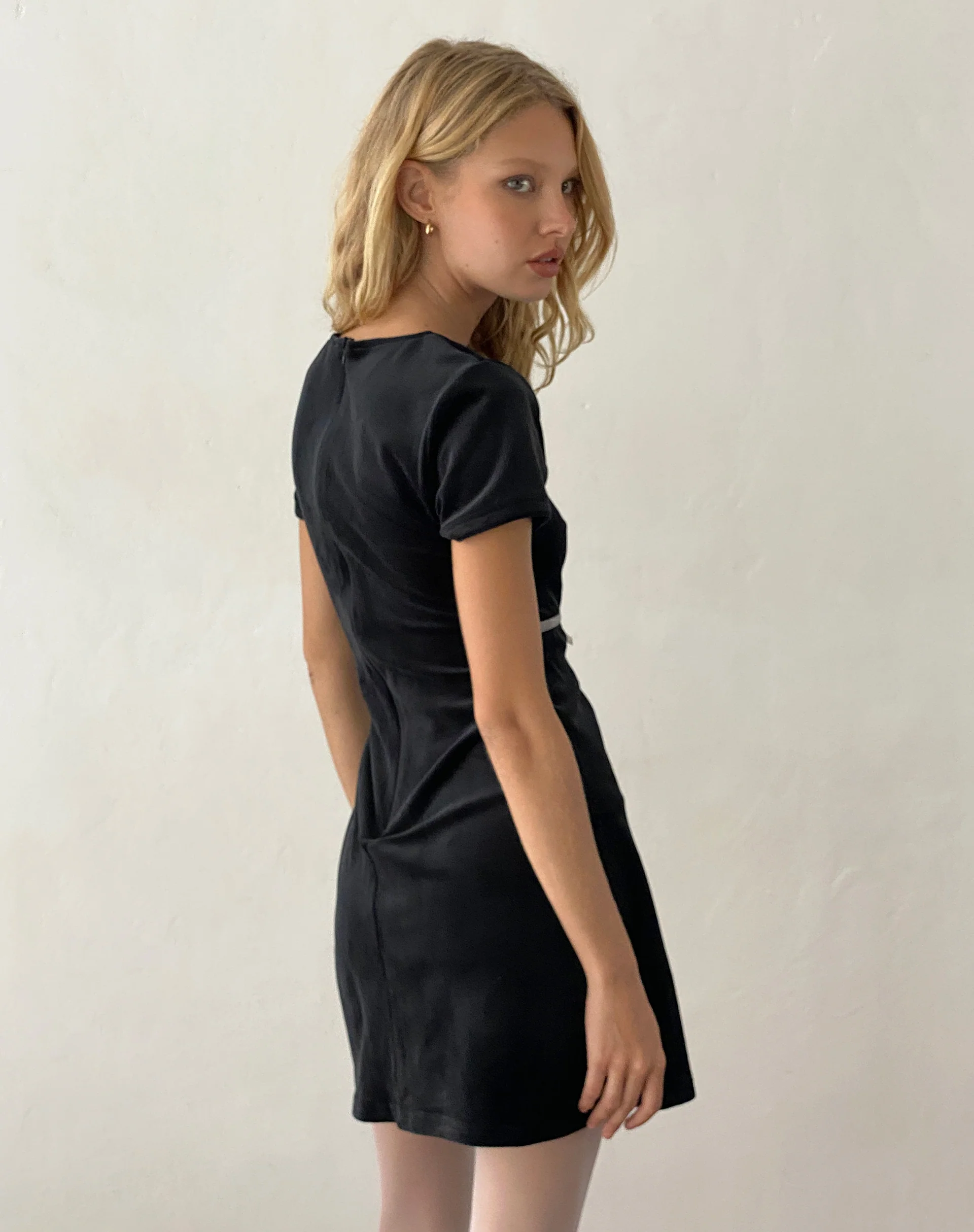 Amanda Mini Dress in Black Velvet with White Trim and Bow - Image 4