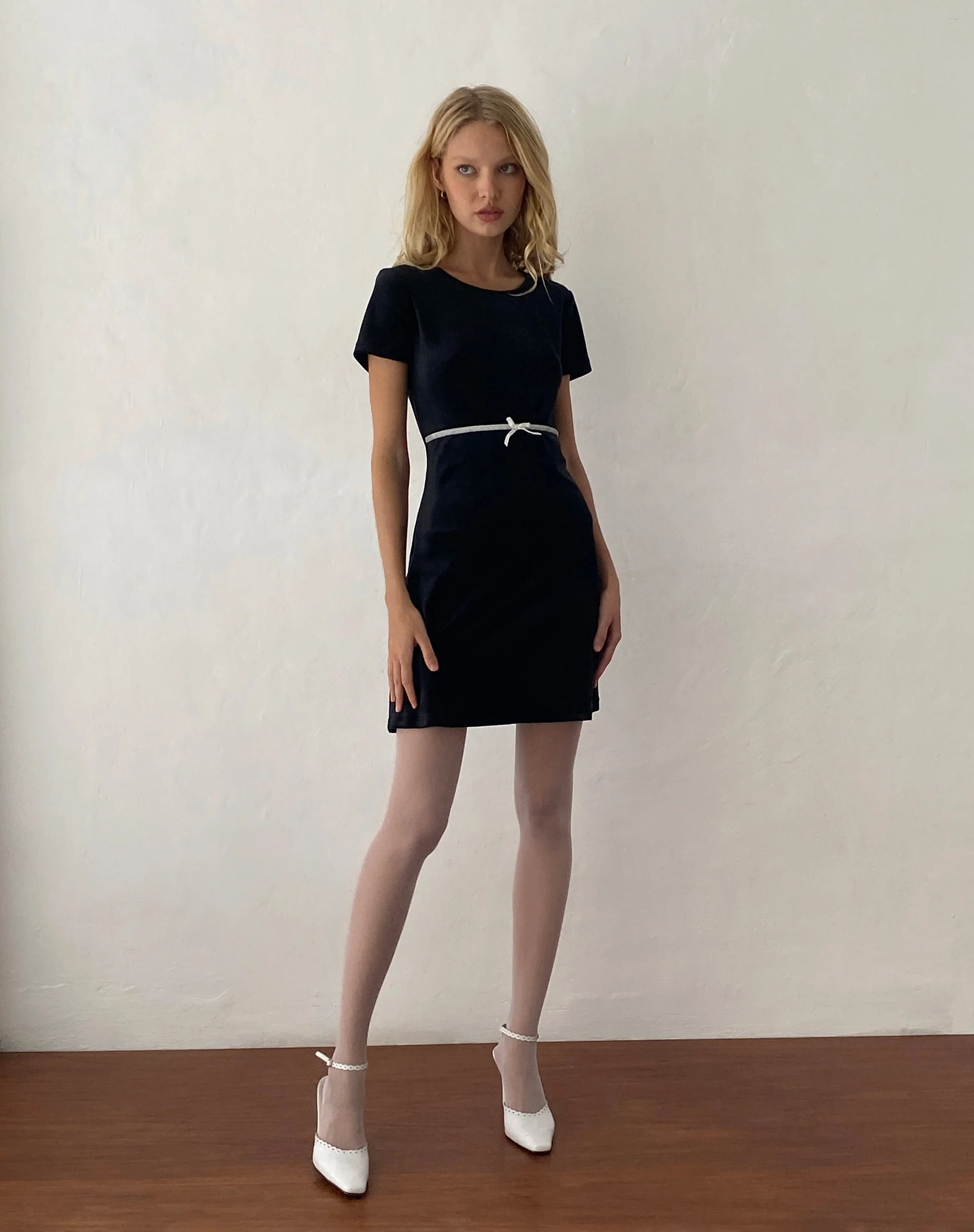 Amanda Mini Dress in Black Velvet with White Trim and Bow - Image 5