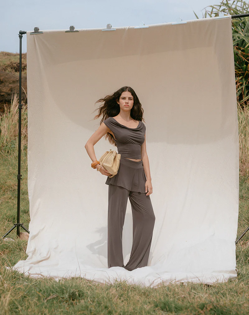 Amata Trouser Skirt in Cupro Dark Brown - Image 2