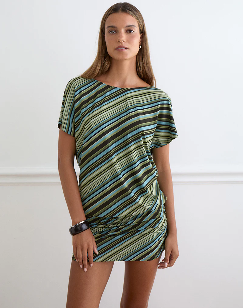Amelina Mini Dress in Mixed Stripe Green - Image 4