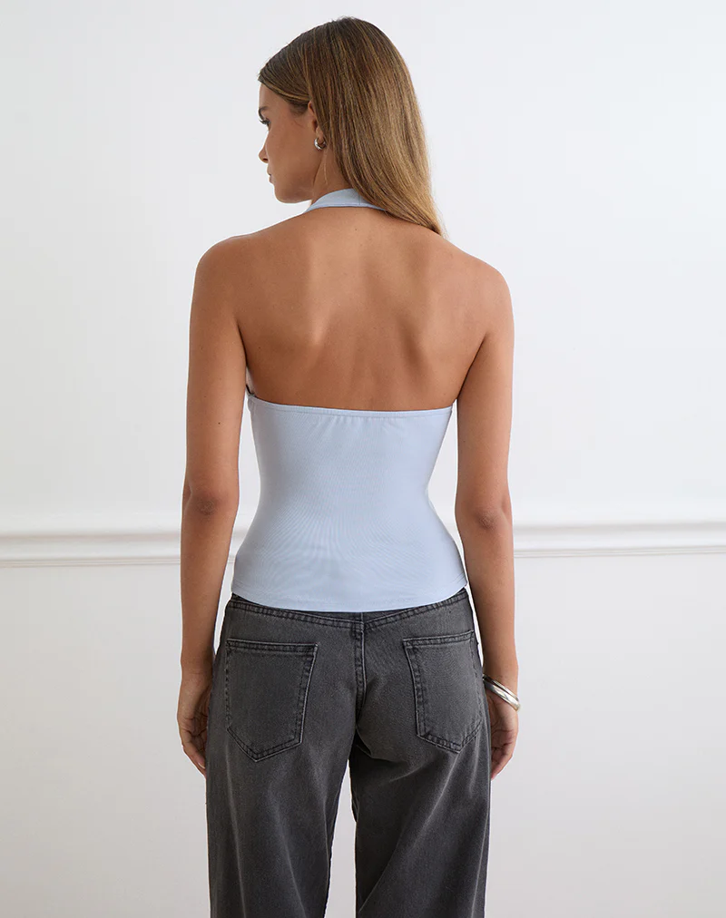 Amita Top with Pearl Buttons in Rib Knit Dusty Blue - Image 4