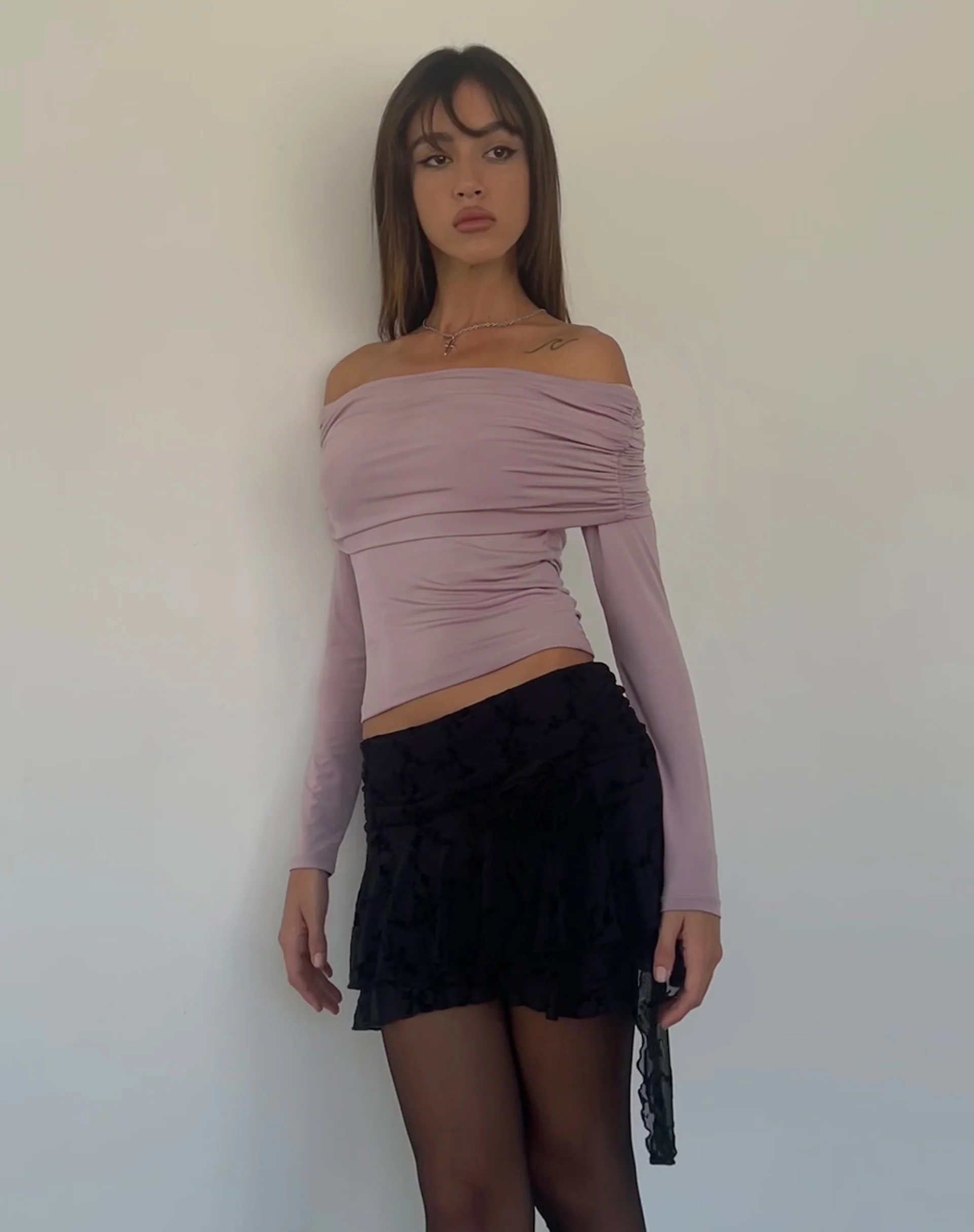 Andi Long Sleeve Bardot Top in Slinky Mauve - Image 3