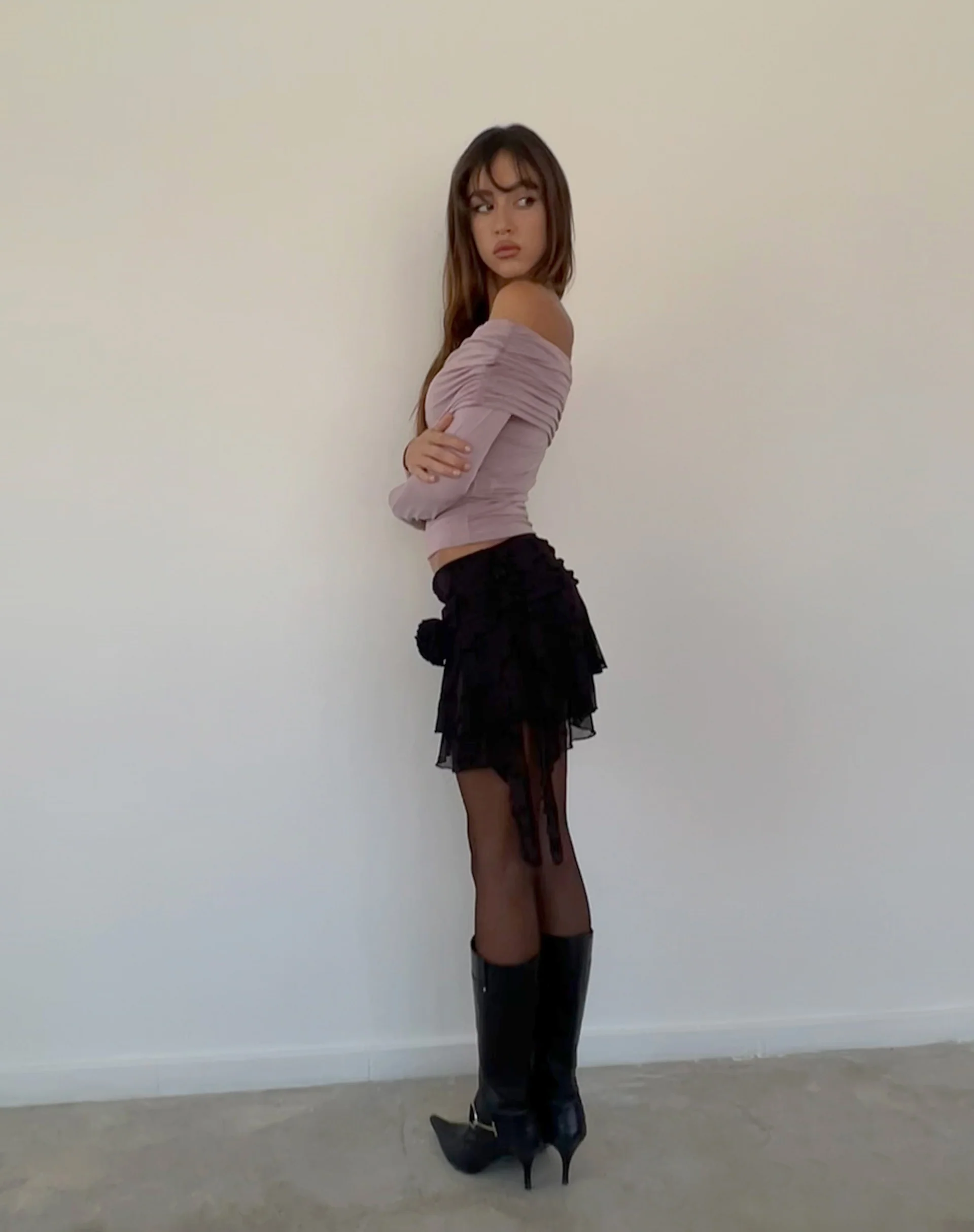 Andi Long Sleeve Bardot Top in Slinky Mauve - Image 4