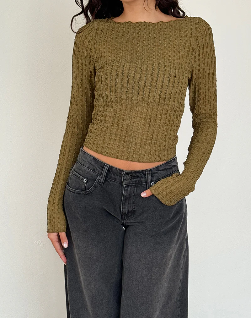 Angela Long Sleeve Top in Crinkle Olive - Image 2