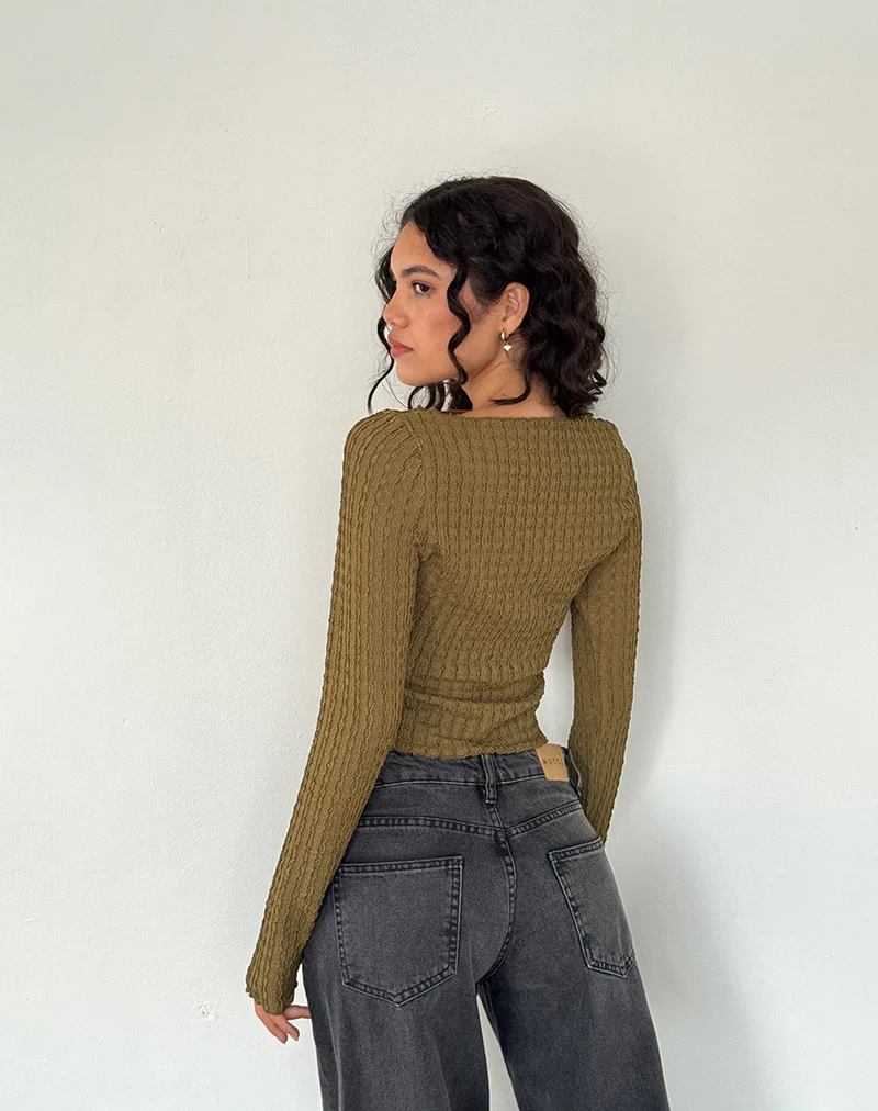 Angela Long Sleeve Top in Crinkle Olive - Image 3