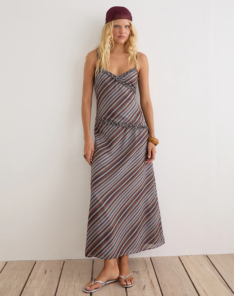 Angie Maxi Dress in Chiffon Grey and Maroon Diagonal Stripe - Image 2