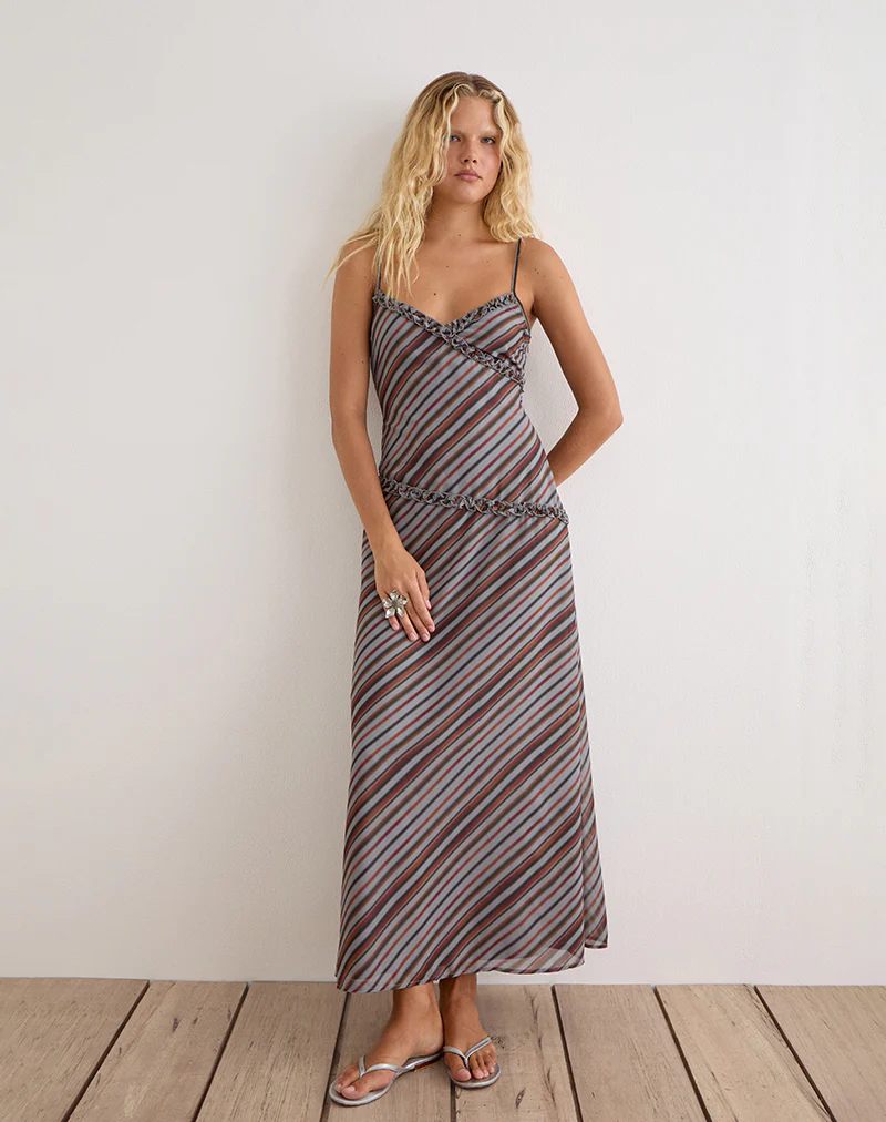 Angie Maxi Dress in Chiffon Grey and Maroon Diagonal Stripe - Image 4