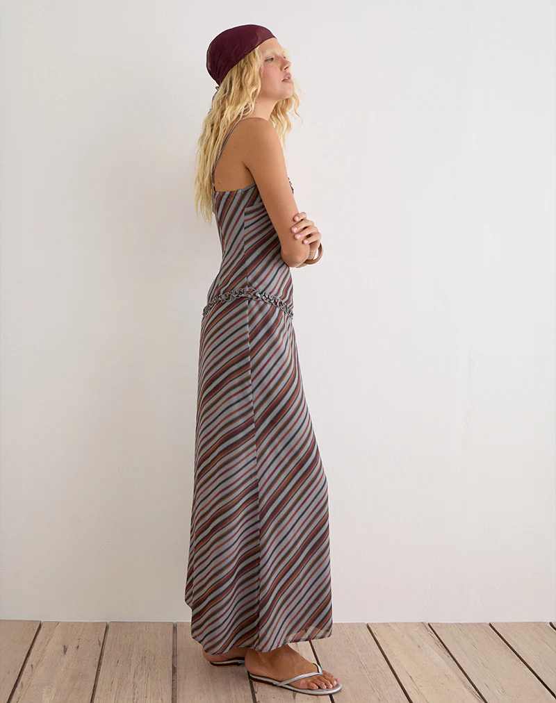 Angie Maxi Dress in Chiffon Grey and Maroon Diagonal Stripe - Image 5
