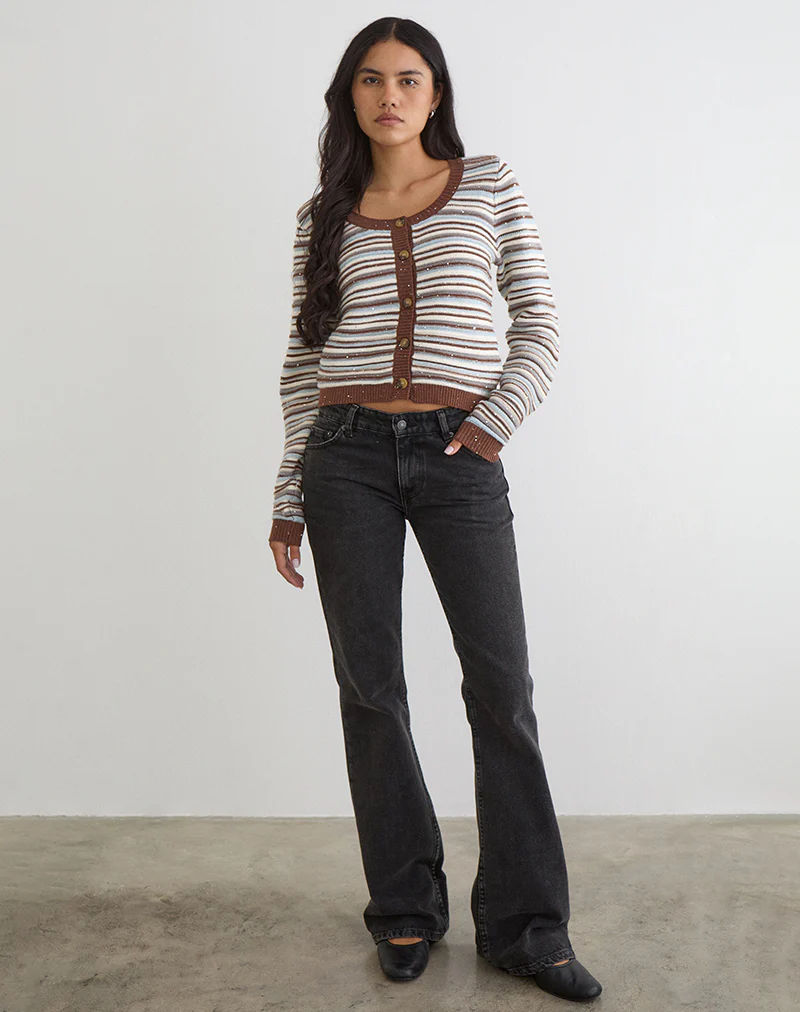 Aniha Long Sleeve Top in Knit Stripe Blue and Brown - Image 2