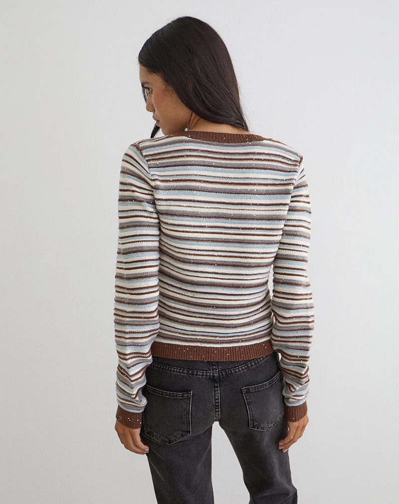 Aniha Long Sleeve Top in Knit Stripe Blue and Brown - Image 3