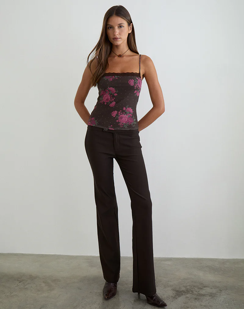 Anoda Cami Top in Brown with Pink Polka Dots and Roses Print - Image 3