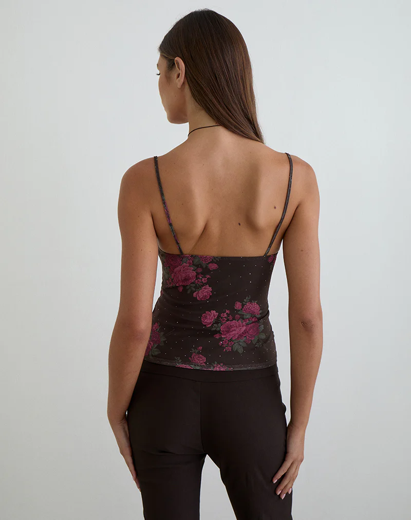 Anoda Cami Top in Brown with Pink Polka Dots and Roses Print - Image 4
