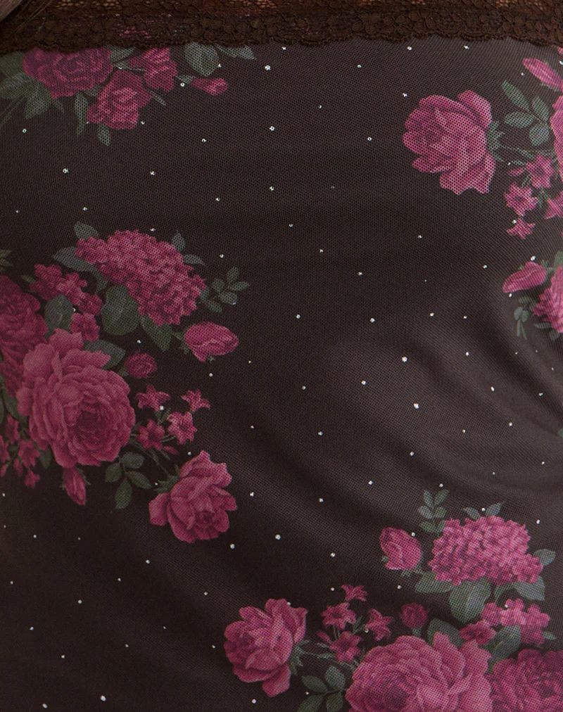 Anoda Cami Top in Brown with Pink Polka Dots and Roses Print - Image 5