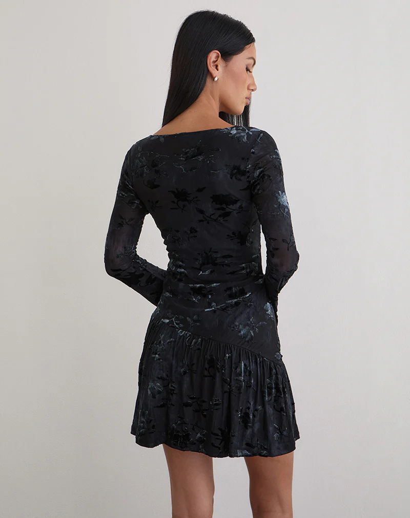 Anyeli Mini Dress in Leaf Velvet Dark Blue - Image 5
