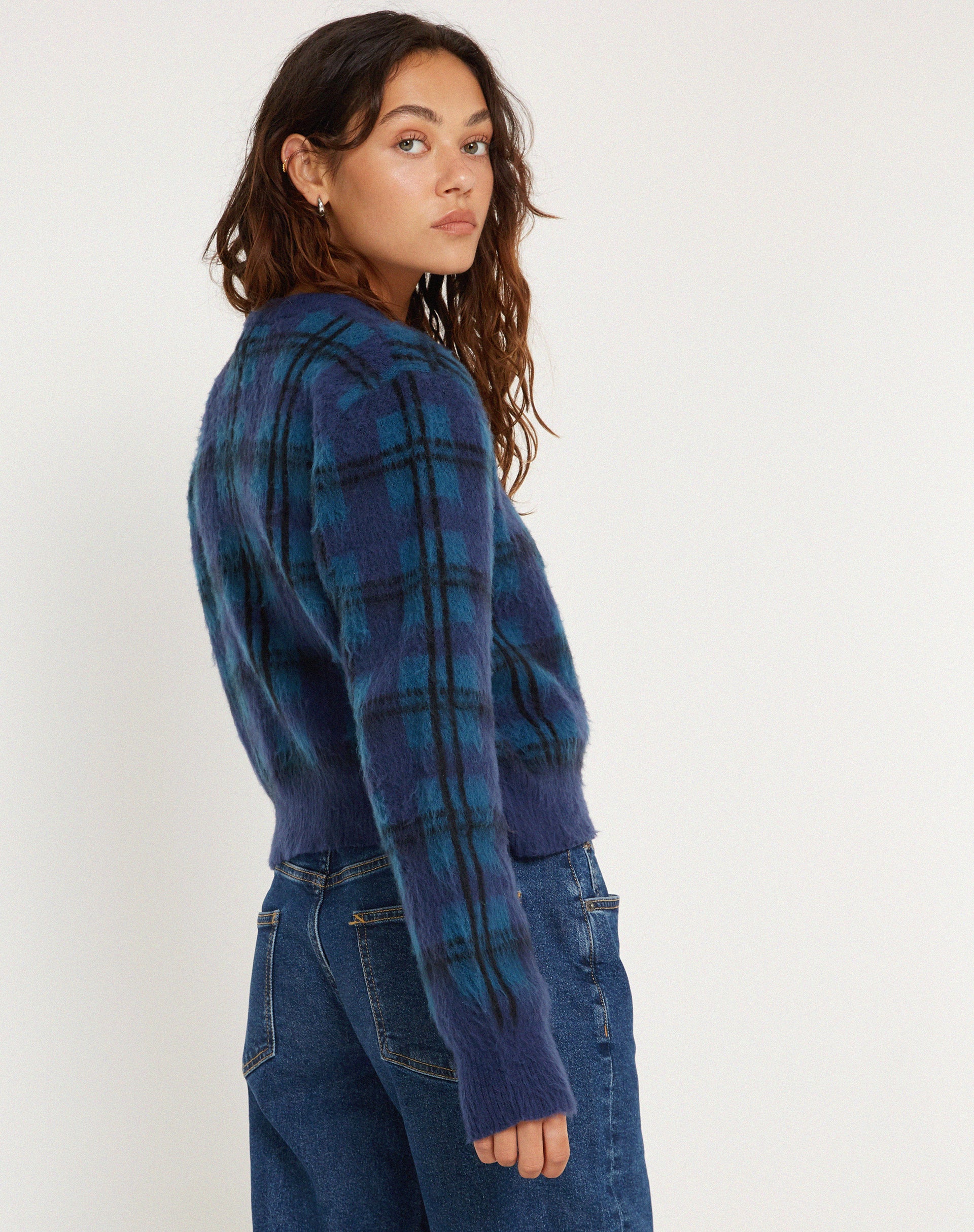 Anzio Button Up Cardigan in Multi Check Navy Blue - Image 3