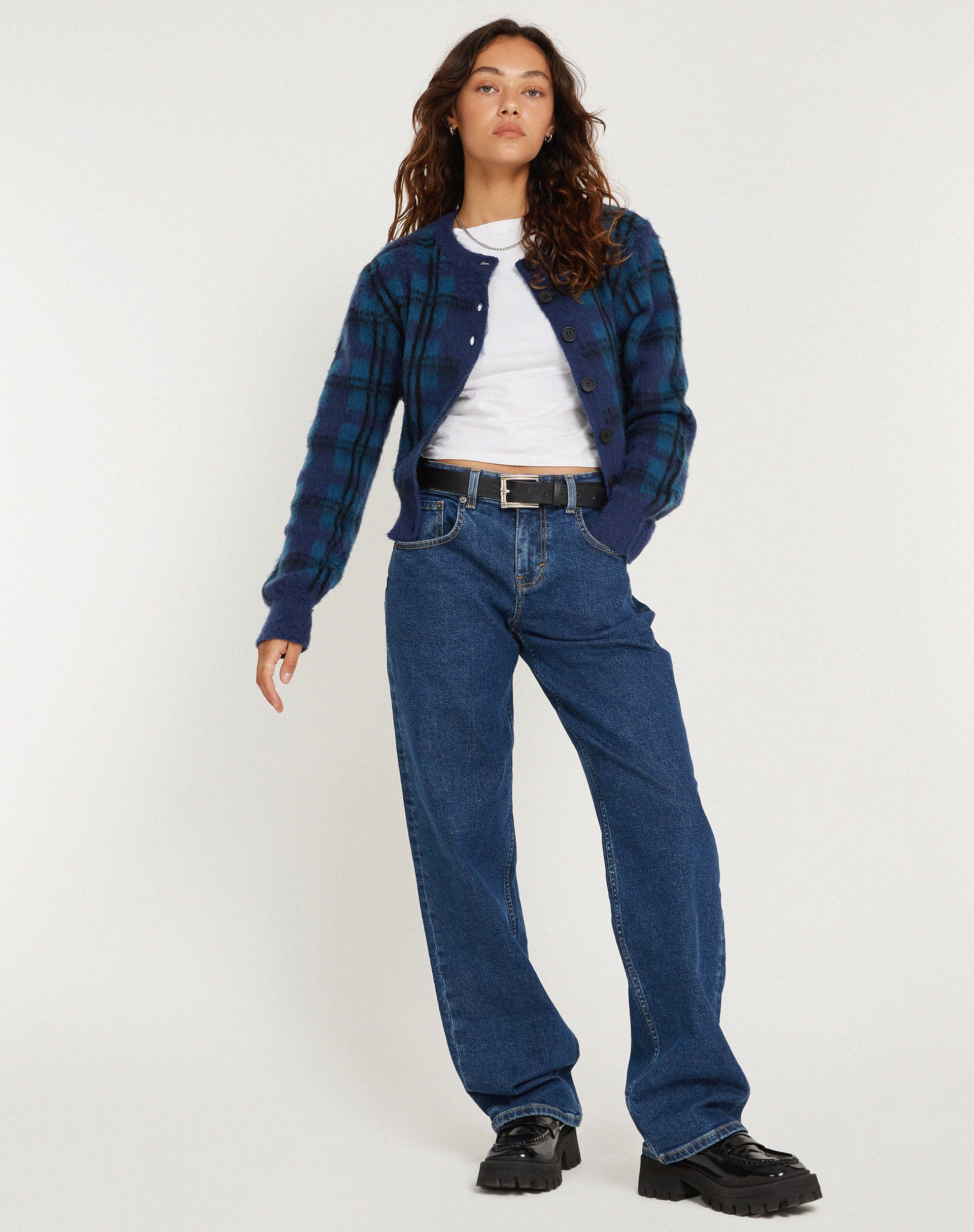 Anzio Button Up Cardigan in Multi Check Navy Blue - Image 4