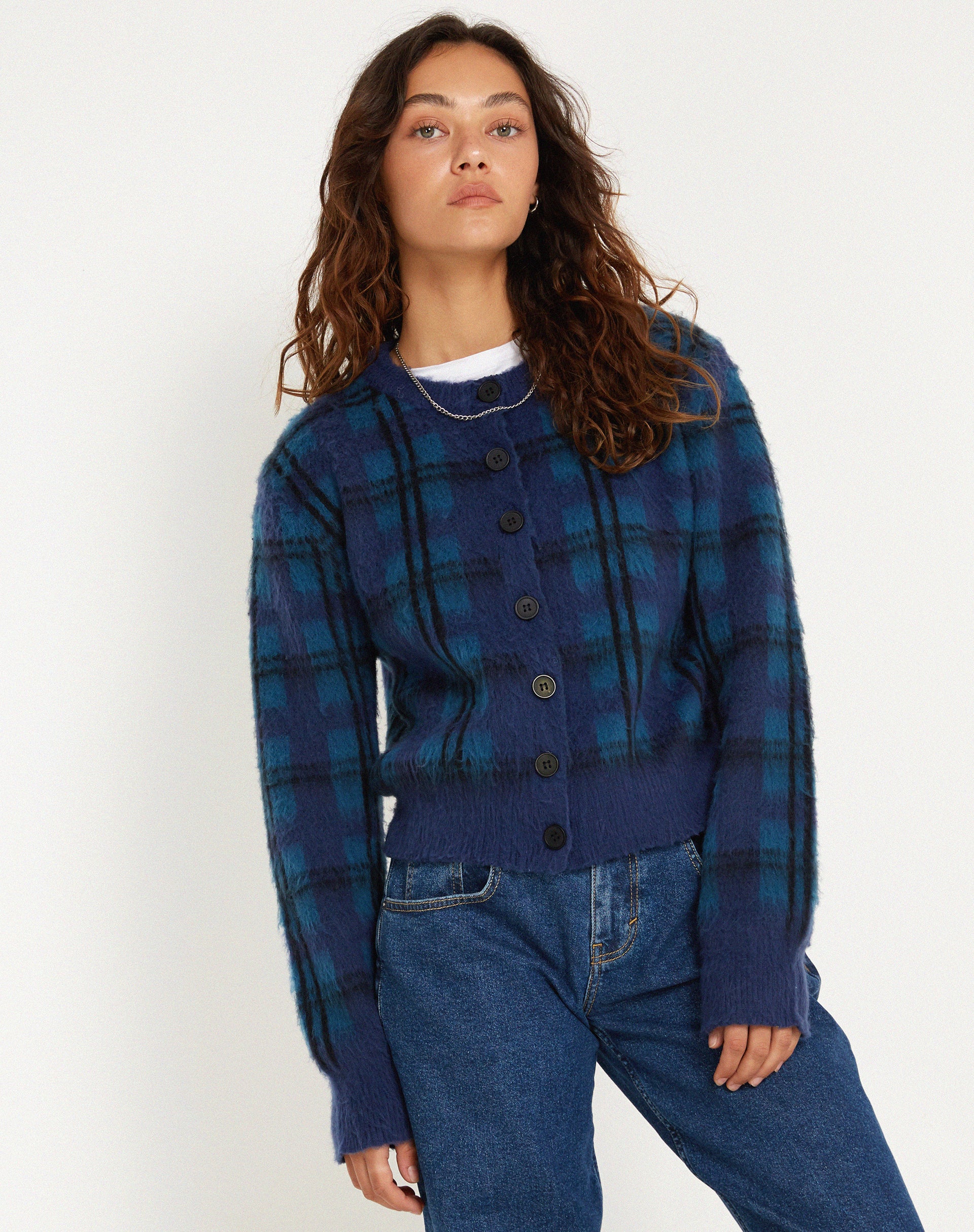 Anzio Button Up Cardigan in Multi Check Navy Blue - Image 5